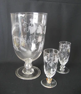 1838 Victorian Coin-in-Stem Ale Bowl & 2 Ale Glasses w/ Hops & Barley Engravings - Picture 1 of 13