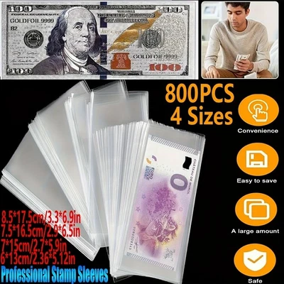4Sizes 800Pcs Currency Holders-Clear Sleeves for Banknotes, Stamps,Trading Cards - Image 1 of 4