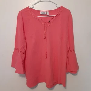 Denim & Co Top Womens M Pink Tassel 3/4 Ruffled Sleeve V Neck - Picture 1 of 7
