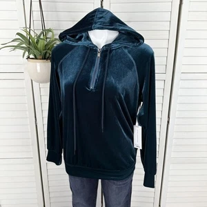 New Liverpool LA Velvet Hooded Raglan Sleeve Half Zip Sweatshirt Teal Size S - Picture 1 of 10