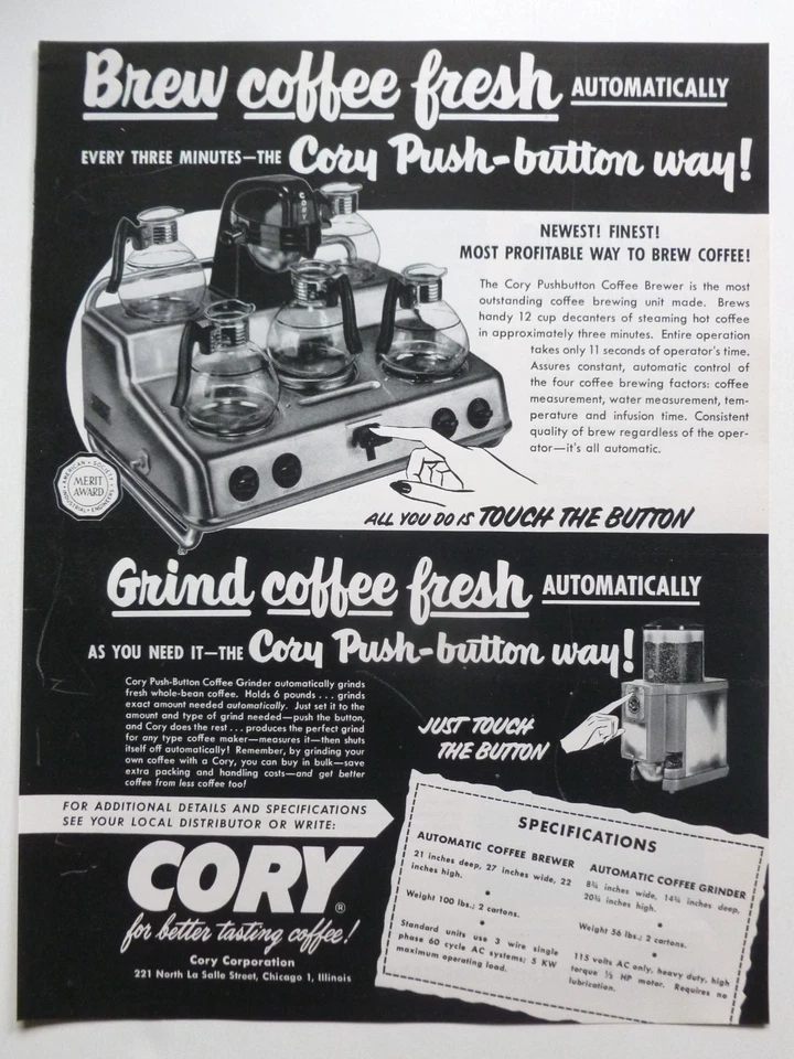 RARE!! 1955 Trade Ad - Cory Diner Restaurant Coffee Brewer & Grinder - Image 1 of 1