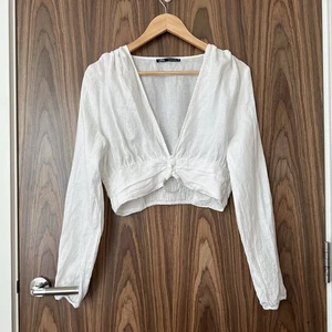 Zara White 100% Linen Long Sleeve V Neck Silver Ring Detail Crop Top Large - Picture 1 of 5
