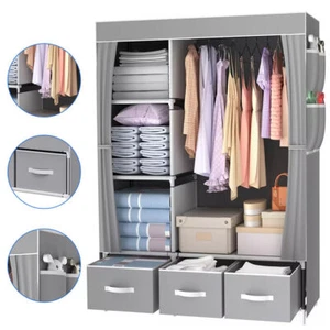 Large Fabric Canvas Wardrobe with Clothes Hanging Rail Shelving Storage Closet - Picture 1 of 13