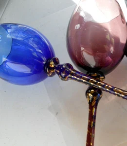 2 Tall Large Wedding Crystal Goblets 1 Blue 1 Purple Gold Embossed Stem 12" Tall - Picture 1 of 15