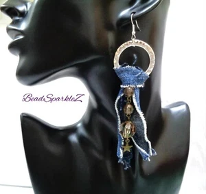 Handmade Vintage Blue Denim and Bead Earrings - Silver Ring - Boho - Ladies - Picture 1 of 6