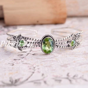 Apple Green Peridot Cut Gemstone 925 Sterling Silver Bangle Cuff For Birthday - Picture 1 of 6