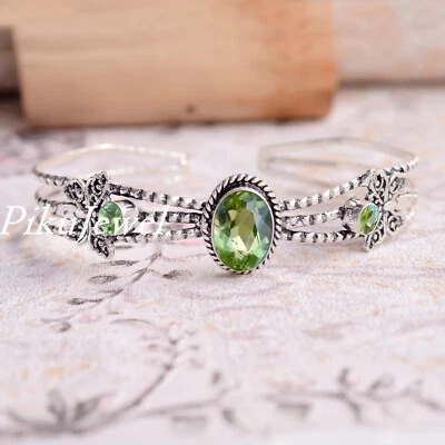 Apple Green Peridot Cut Gemstone 925 Sterling Silver Bangle Cuff For Birthday - Image 1 of 4
