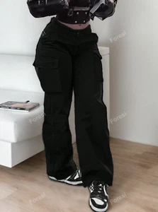 Pantalones Cargo Negros Casuales Ajustados Cintura Elástica Pantalón Para Mujer - Picture 1 of 8