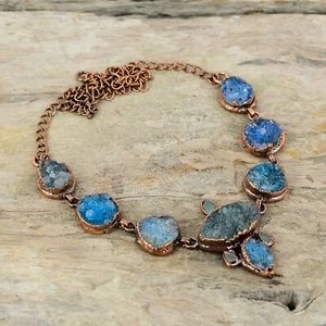 Blue Druzy Copper Gift For Sister Electroformed Chain Adjustable Necklace 18.0" - Picture 1 of 6