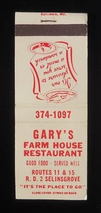 1970er Gary's Farm House Restaurant Good Food Routes 11 & 15 Selinsgrove PA MB - Bild 1 von 2