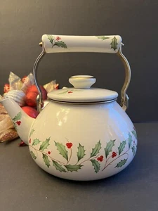 Lenox Tea Kettle Holiday Holly Berry Enamel Pot Porcelain Handle Christmas Metal - Picture 1 of 1
