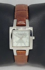 Ladies Kenneth Cole New York Square Silver Tone Brown Leather Watch KC2358 F2 - Picture 1 of 9
