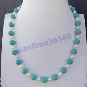 19" AAA SOUTH SEA NATURAL White PEARL + 10MM turquoise NECKLACE 14K Gold P - Picture 1 of 5