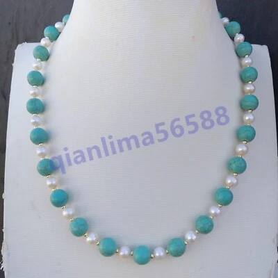 19"  AAA SOUTH SEA NATURAL White PEARL + 10MM turquoise NECKLACE 14K Gold P - Image 1 of 4