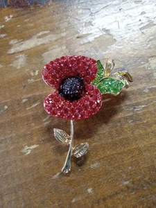 Spilla vintage Royal British Legion papavero rosso strass tono oro fiore - Foto 1 di 7
