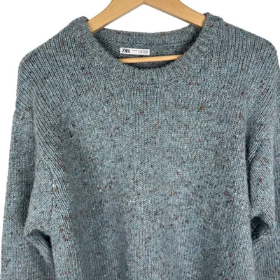 ZARA Textured Chunky Knit Wool Blend Crewneck Sweater Mens XL Blue Speckle - Image 1 of 4