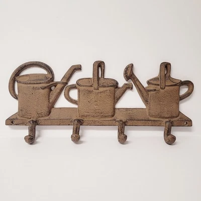 Cast Iron Watering Cans Wall Hanging 4 Hook Rustic Brown Coats Keys Hats 12" - Image 1 of 4