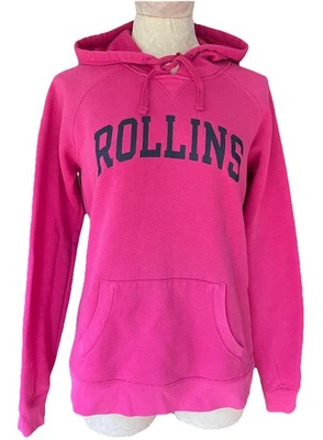 Vintage Champion Rollins College Spell Out Fuchsia Pink Hoodie Pocket Sweatshirt - Image 1 of 4