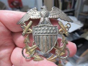 US Navy Officer Cap Device STERLING Screwback Two-Tone Anchors WWII Korea Era - Picture 1 of 5
