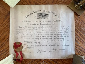 President Benjamin Harrison Signed Document 1889 Escanaba Postmaster Wanamaker - Picture 1 of 15