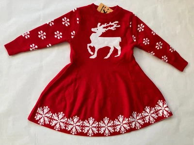 Toddler Girl's Christmas Winter Red Dress Reindeer Snowflake Xmas Gift SZ 2-3 Y - Image 1 of 4