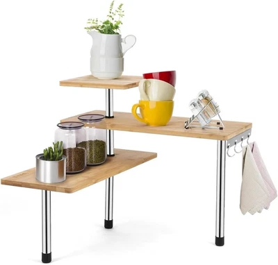 Mensola Angolare Da Cucina in Bambù Con 3 Ripiani E Struttura in Acciaio - Mobil - Immagine 1 di 4