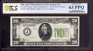 1934 $20 FEDERAL RESERVE NOTE KANSAS CITY FR.2054-J LGS PCGS CU 63 PPQ - Picture 1 of 2