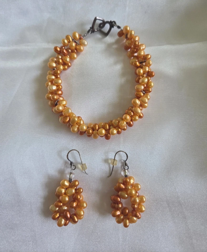 Pulseira laranja coral torção frisada conjunto de vários fios e brincos coração alternar fechar - Imagem 1 de 4