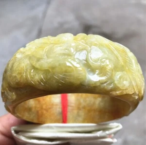 61.7mm Burma Natural Icy Yellow Jadeite Jade Bracelet Carving Dragon Jade Bangle - Picture 1 of 20