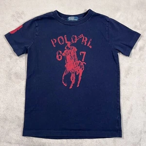 Polo Ralph Lauren Shirt Kids Size 7 Navy Blue Red Big Pony Graphic Cotton Classi - Picture 1 of 10
