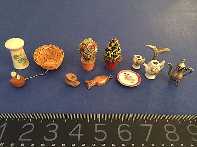 VINTAGE 1960's-80's DOLL HOUSE MINIATURES flower pots, basket, porcelain, MORE - Image 1 of 3