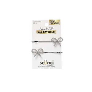 Scunci Trend Essentials Bobby Pins, 2-Pack, Silver or Gold with Rhinestone Bow - Picture 1 of 3