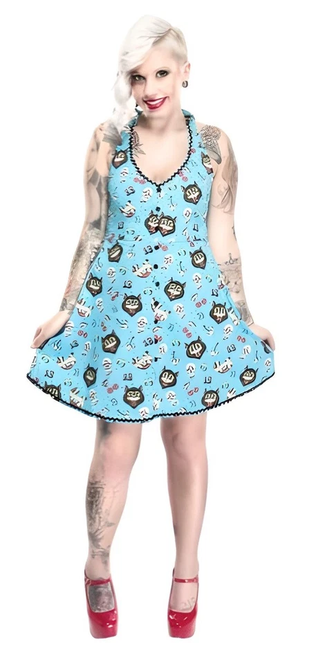 NUEVO Vestido halter Sourpuss para mujer azul aguamarina gato desafortunado con cerezas Foto 1 de 1