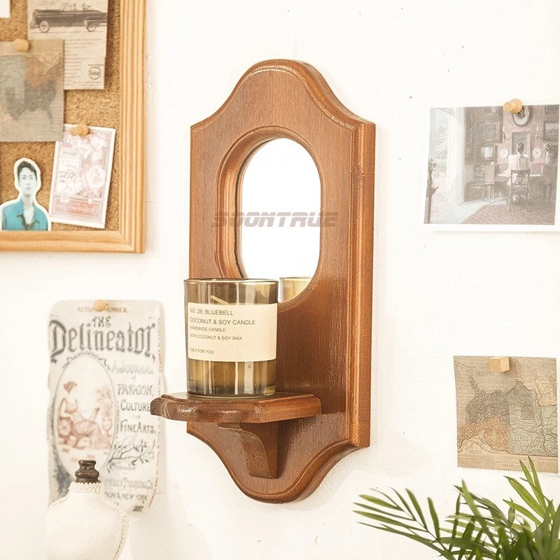 Vintage Wall Mirror with Shelf Solid Wood Aromatherapy Candlestick Holder - Image 1 of 4