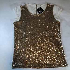 Greenish Womens Top Size M Gold Sparkly Sequin Scoop Neck Cap Sleeve Lined NWT - Picture 1 of 10