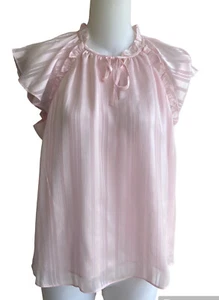 Ann Taylor Factory rosa gestreiftes Satin Bluse Top XSP Rüschen hochgeschlossen NEU - Bild 1 von 5