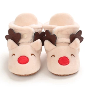 Baby Cozy Fleece Booties Beige Christmas Reindeer Newborn Shoes Toddler Footwear - Foto 1 di 10