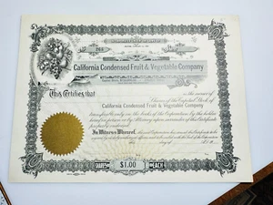 CALIFORNIA CONDENSED FRUIT & VEGETABLE COMPANY Stock Certificate - Picture 1 of 2