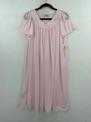 Miss Elaine Medium Satin Nightgown Pink Short Sleeve Floral Embroidered NWT A90 - Image 1 of 4