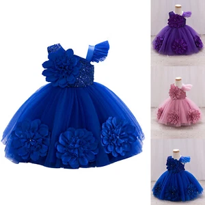 Toddler Girl Sparkly Tutu Tulle Dress Off-the-shoulder Performance Wedding - Picture 1 of 30