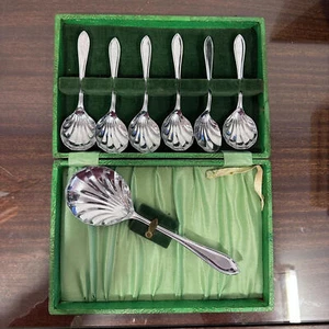 Cased set of 6 silver plated desert spoons & server - Picture 1 of 2