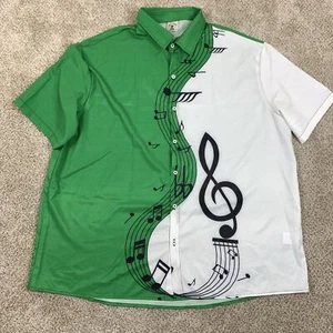 Aloha Button Up Shirt Men's 2XL Music Themed Green White Short Sleeve Casual - Picture 1 of 8