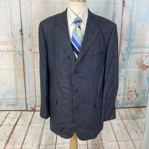 Blazer Vintage Coach Uomo Lino Normale Cappotto Sportivo Denim Blu Made In USA 44L
