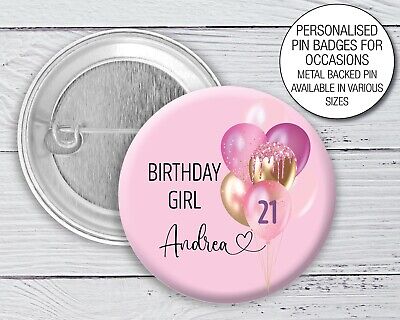 13th 16th Birthday Badge 75mm Personalised PINK Balloon 18th 21st 30th 40th 1208 • 5.59€