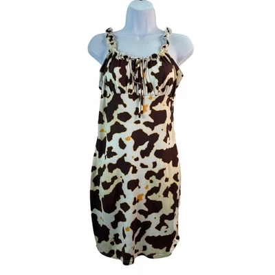 Peach Love California Cow Print Mini Dress M Ruched Baby Doll Western Cowgirl - Image 1 of 4