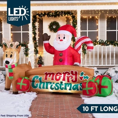 10FT Long Christmas Inflatable Airblown Santa & Reindeer for Outdoor w LED Light - Image 1 of 4