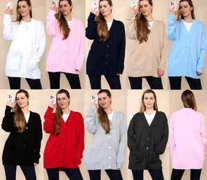 Ladies Oversized 5 Button Cardigan Plain Knit Long Sleeve Lightweight Outwear - Picture 1 of 37