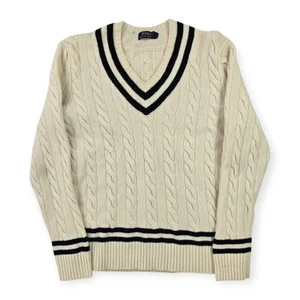 Jersey de cricket Polo Ralph Lauren Y2K tejido con cable marfil grande para hombre - Imagen 1 de 7