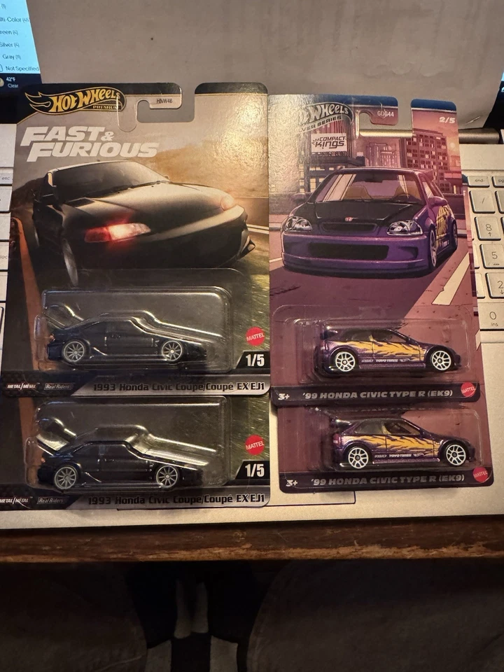 Hot Wheels fast and furious 1993 civic and silver serie 99 civic type r lot of 4 - Image 1 of 1