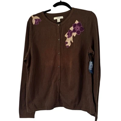 Cárdigan Suéter Grande Liz Claiborne Marrón Floral Apliques Botón Frontal Nuevo con Etiquetas Foto 1 de 4